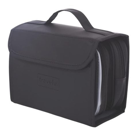 Neceser de Viaje Desplegable TRAVEFUL – Bolsa de Aseo con Gancho Colgante 360º para Hombres y Mujeres – Organizador de Maquillaje Impermeable (Negro)