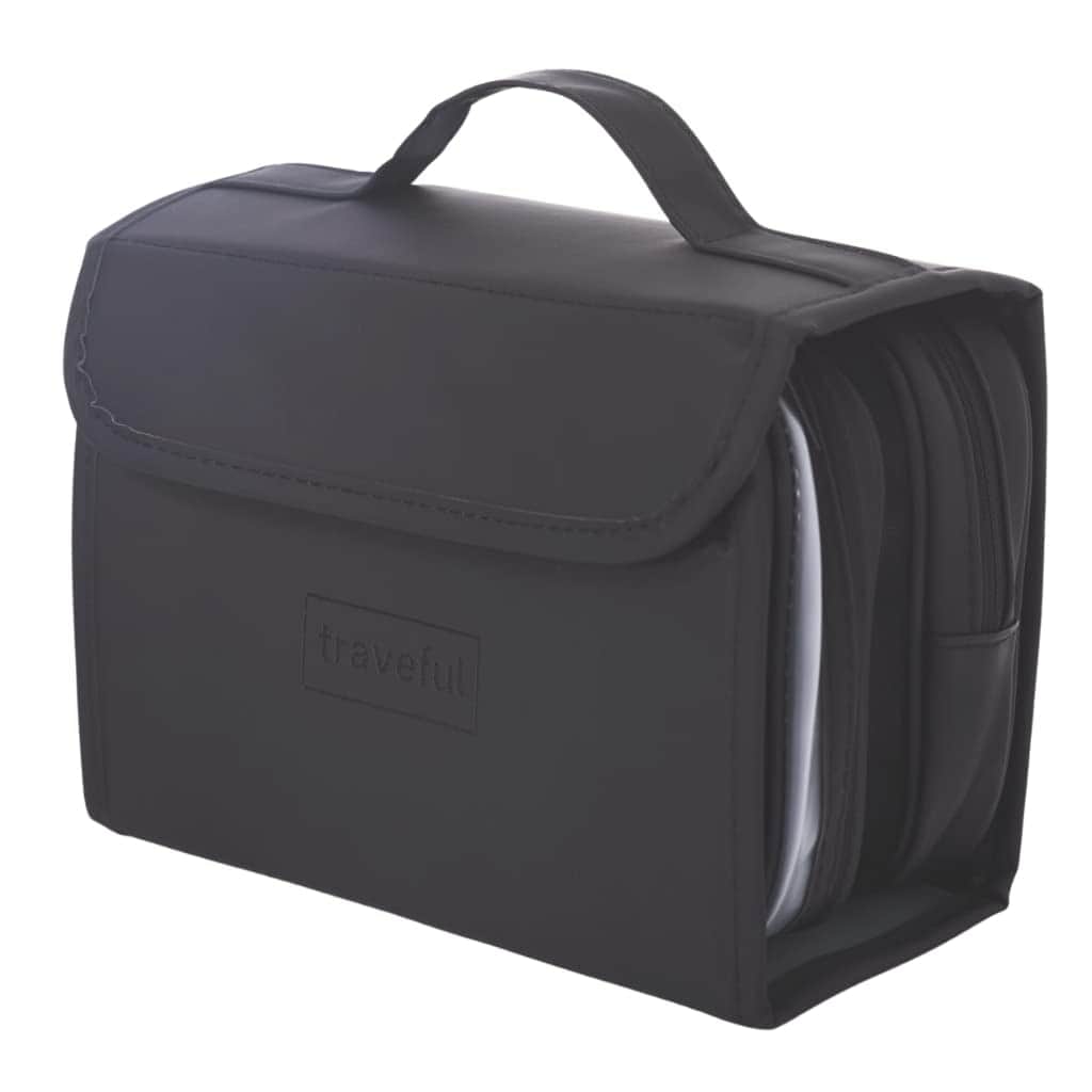 TRAVEFUL Neceser Maquillaje de Viaje Grande y Desplegable - Bolsa de Aseo Expandible con Gancho Colgante 360º para Hombre y Mujer - Organizador Makeup Impermeable (Negro)