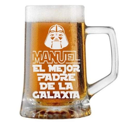 Jarra de Cerveza Personalizada Día del Padre, MEJOR PADRE DE LA GALAXIA Regalo Grabado y Personalizado para Hombre o Mujer Obsequio para Celebraciones, Cumpleaños, Aniversarios, Día del Padre