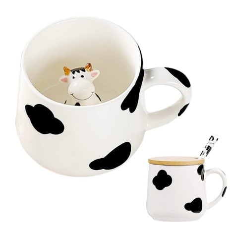 Cafetera Vaca BigNoseDeer: taza cerámica con tapa cuchara, regalo navideño divertido, novia, novio, niño y niña.