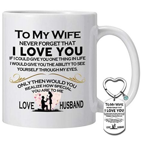 Llavero “Mi esposa nunca olvides que te amo” con diseño de taza de café. Ideal para San Valentín y cumpleaños de tu esposa.