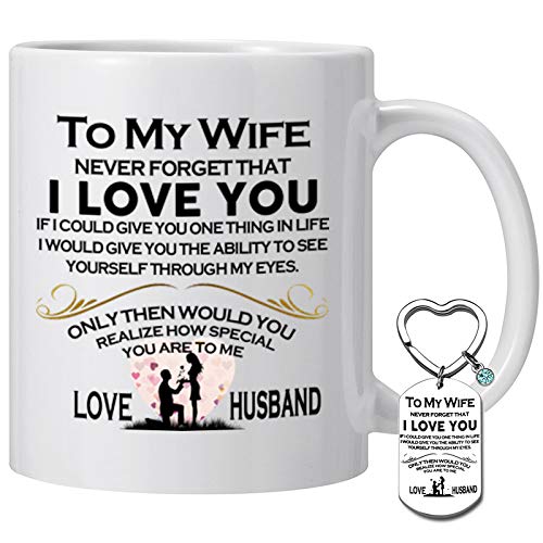 Llavero de taza de café con texto en inglés "My Wife Never Forget That I Love You", día de San Valentín, regalo de esposo, regalo de cumpleaños para esposa