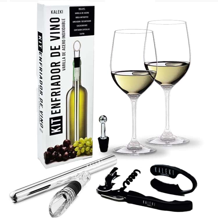 Enfriador de botellas de vino  kit 5 en 1 de refrigeración con tubo de acero inoxidable + Tapón, Decantador y aireador  Cortador de Cápsula, Sacacorchos y Abridor Botellas  Accesorio Anti goteo