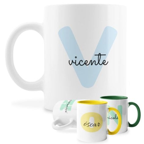 Taza con nombre e inicial personalizada. Ideal para desayunar. Regalo personalizado para el Día del Padre, Día de la Madre y San Valentín. Diselo: nombre medio.