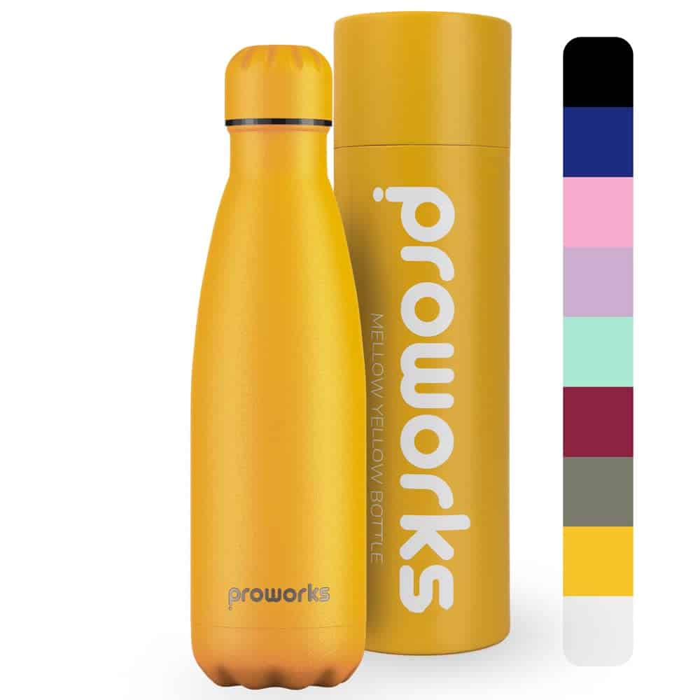 Proworks Botellas de Agua Deportiva de Acero Inoxidable | Cantimplora Termo con Doble Aislamiento para 12 Horas de Bebida Caliente y 24 Horas de Bebida Fría - Libre de BPA - 750ml  Amarillo Suave