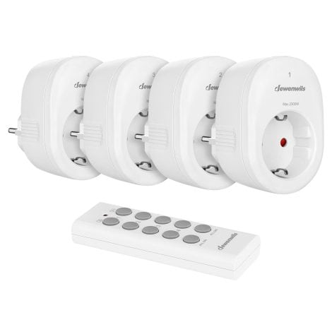 Conjunto de 4 enchufes inalámbricos programables y ampliables con mando a distancia, color blanco.