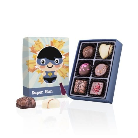 Super Hombre – Chocolates – Caja de cómic con seis bombones. Perfecto regalo para papá en Navidad, cumpleaños o Día del Padre.