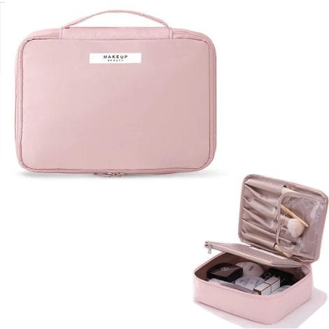 Neceser de maquillaje portátil y grande, organizador para mujeres y niñas, bolsa impermeable de gran capacidad, ideal para hogar, vacaciones y viajes, en color rosa.