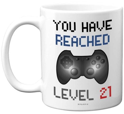 Taza nivel 21, regalo 21 cumpleaños. Aptas para lavavajillas, para hombres y mujeres amantes de videojuegos.