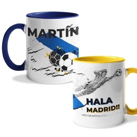 Taza personalizada Real Madrid. Diseño de nombre y colores del equipo. Taza de desayuno de cerámica de 330 ml. Regalos del Real Madrid.