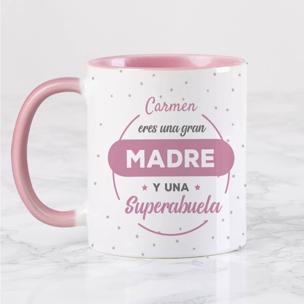 Wanapix | Taza Personalizada Día de Madre | Personalizada con Nombre y Texto| Regalo Original para Mama | Apta para Microondas | Capacidad de 325ml | Interior y Asa Rosa - Super Abuela