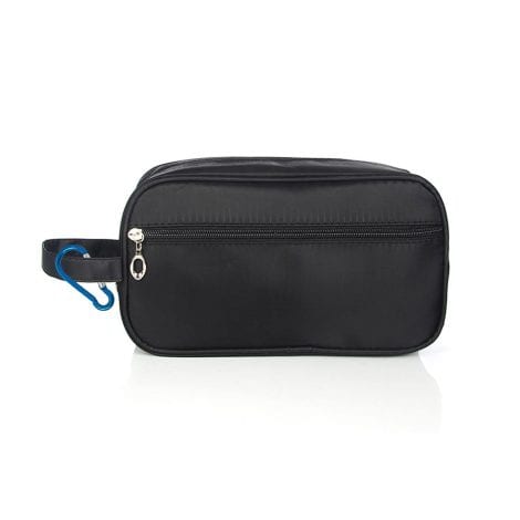 Neceser para hombre, negro, con mosquetón azul n.º 6. Ideal para viajes, gran capacidad, uso en exteriores, aseo personal.