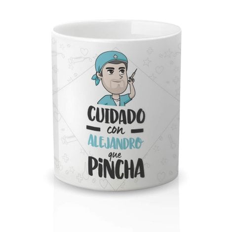 ¡Hurra! | Taza con nombre personalizable | Taza de cerámica para un regalo original para enfermero. Resistente al microondas y lavavajillas. (Diseño 05) Frase: ¡Cuidado que pincha!