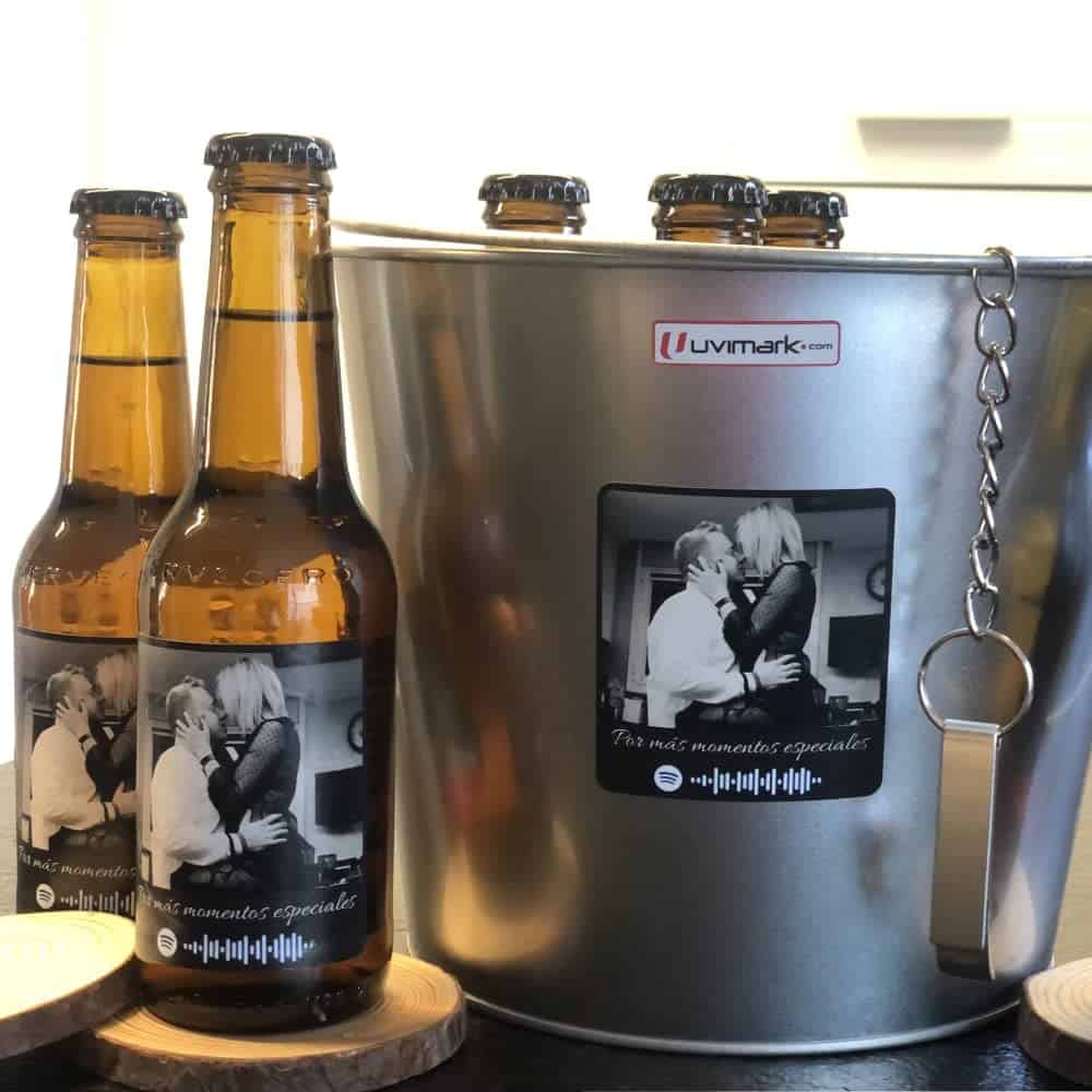 Regalo San Valentín, Enamorados - Cervezas Spotify - Set de 6 cervezas personalizadas con cubo enfriador y abrebotellas - Cervezas personalizadas con foto y código Spotify