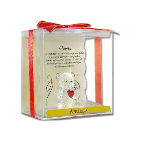 Abuelita en cristal. Osito en pedestal con corazón rojo y frase especial. Regalo decorativo para abuelas.