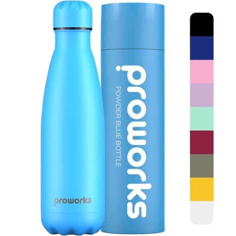 Botella deportiva de acero inoxidable Proworks con aislamiento doble para mantener bebidas calientes durante 12 horas y frías durante 24 horas – 1L, Azul claro. Sin BPA.