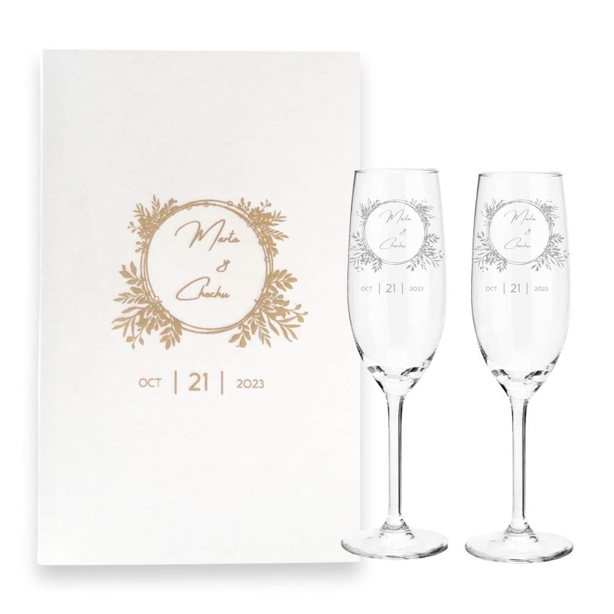 Cocholate - Pack de dos copas de cava personalizadas de cristal con caja - 21cl - Copas champan personalizadas para novios - Regalo de Boda, Celebraciones, Bodas de Oro o Bodas de Plata