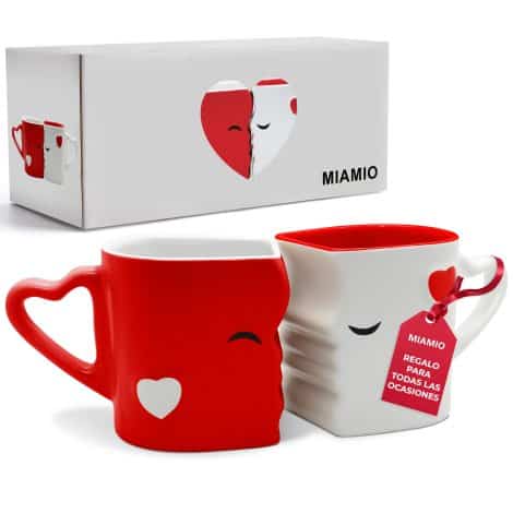 Conjunto de Tazas de Café o Tazas de Besos MIAMIO, ideal como regalo para novios – Cerámica (Rojo)