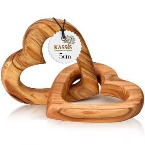 Corazones de Madera de Olivo Conectados – Regalo de Boda – KASSIS (5 cm) para celebrar el amor y las ocasiones especiales como San Valentín, aniversarios y cumpleaños.