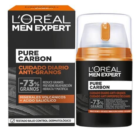 Crema facial L’Oreal Paris Men Expert Anti-Granos Pure Carbon, reduce imperfecciones y matifica la piel, 50 ml.