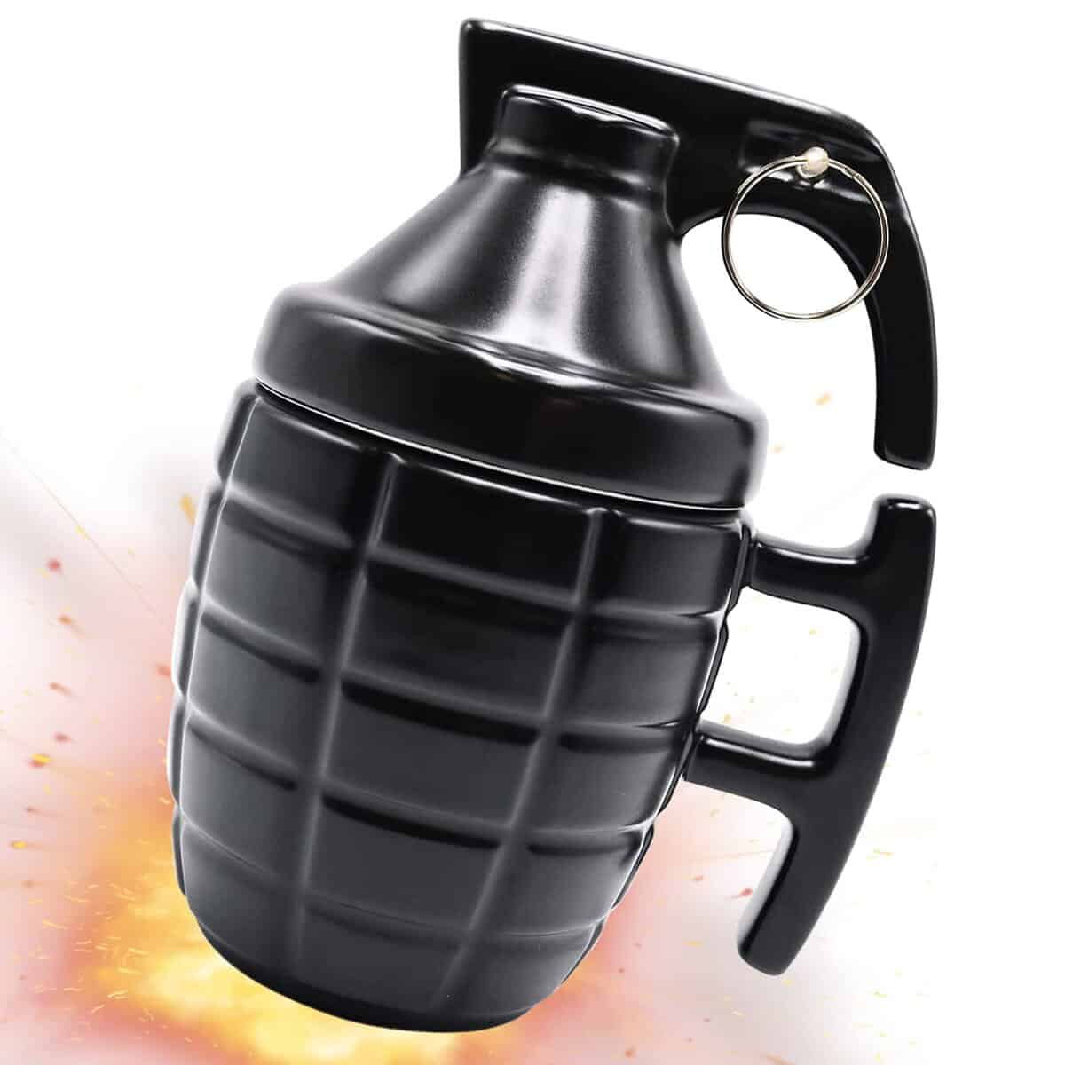 ASEOK Funny Grenade mug - Taza de Desayuno para Cappuccino, café y té en cerámica - 300 ml - Taza en Forma de Granada con Tapa - Idea Original y Divertida de Regalo (Negro)