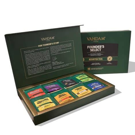 Surtido de Té en Caja Regalo (8 Sabores, 40 Bolsas de Té) VAHDAM – Té Negro, Té Verde, Chai y Tisanas.