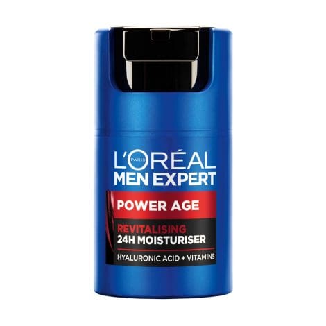 Crema facial hidratante antiarrugas y antienvejecimiento L’Oréal Men Expert Power Age con ácido hialurónico para pieles secas y apagadas, 50ml.