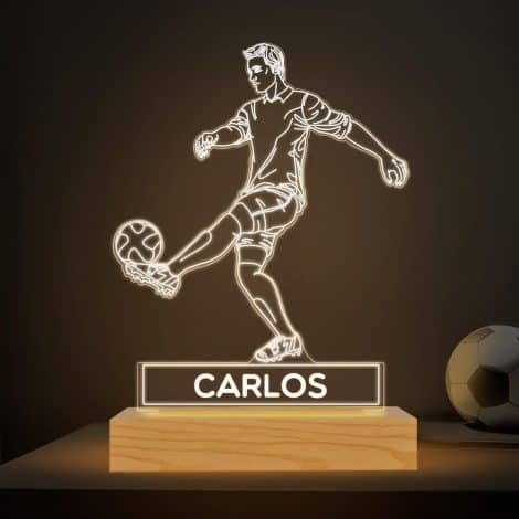 Lámpara Personalizada de Fútbol Transparente con Nombre. Luz LED Nocturna para Mesita. Decoración y Regalo Original