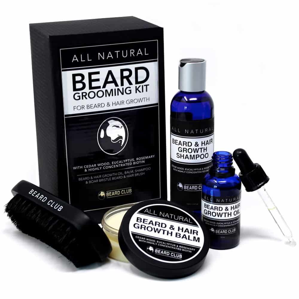 Kit de Aseo Para Barba Completamente Natural - Crecimiento de la Barba y del Vello - Aceite, Bálsamo, Champú y Cepillo Para Barba - El Mejor Kit de Regalo Para el Cuidado de la Barba