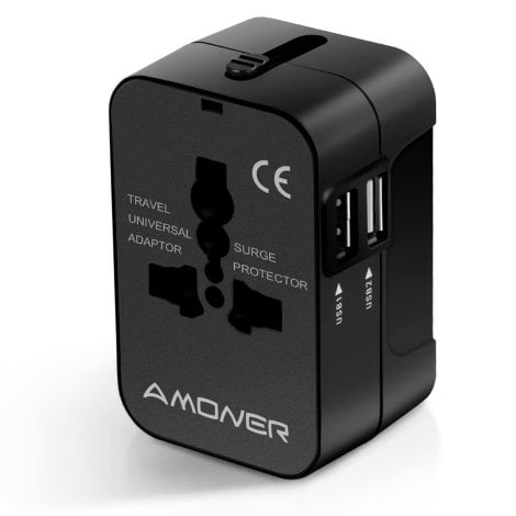 Adaptador de Viaje Universal Amoner con Enchufe y Doble USB para US, Europa, UK, Irlanda, Tailandia, AU, Japón, China, Canadá.