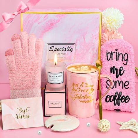 Regalos sorprendentes para mujer: taza de café de 12oz con calcetines y guantes, ¡ideal para esposas, mamás, hermanas, tías y amigas! En rosa.