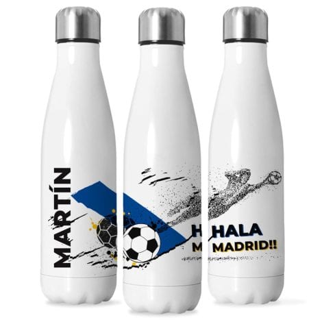 Botella del Real Madrid personalizada con nombre y colores de tu equipo. Botella termo de acero inoxidable del Madrid. Regalos Real Madrid.