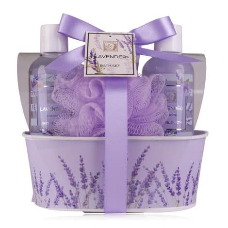 Set de ducha y cuidado LAVANDA, regalo para mujer, en caja de metal – gel, loción, burbujas y esponja. Bienestar garantizado.