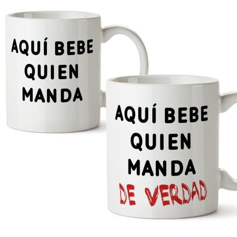 Pack 2 Tazas MUGFFINS – Regalo para Parejas compañeros de Piso o de Trabajo – Regalo Original de Novios y Novias San Valentín y también para Amigos – Aquí Bebe quien Manda