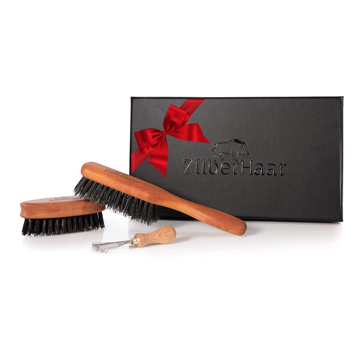 ZilberHaar - Kit de cuidado de la barba - 1 cepillo para barba + 1 cepillo de bolsillo + 1 accesorio de limpieza - 100% cerdas de jabalí auténtico suave de segundo corte - Set de regalo para hombres