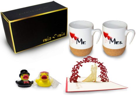 MIAMIO – Regalo para una pareja de recién casados perfecto para disfrutar juntos. Set de tazas de café con tapas de corcho. (Boda)