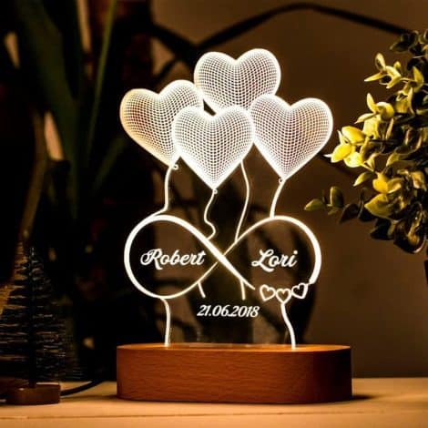 Lámpara Personalizada Infinito Transparente de Amor con Corazones. Ideal Regalo para San Valentín, Bodas y Cumpleaños. Metacrilato y Madera.