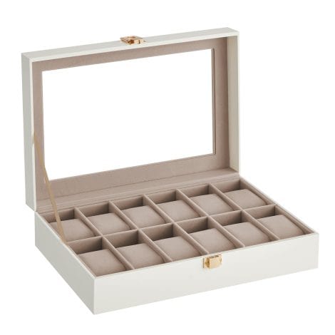 Caja para relojes SONGMICS con 12 espacios, cristal en la tapa, cierre de metal, regalo, cuero sintético blanco y forro beige.