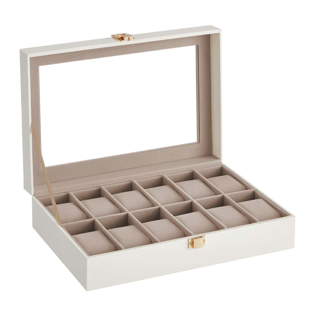 SONGMICS Caja de Relojes con 12 Compartimentos, Estuche de Relojes con Tapa de Cristal, Cojín Extraíble, Cierre Metálico, Regalo, Cuero Sintético Blanco Nube y Forro Beige Capuchino JWB120W01