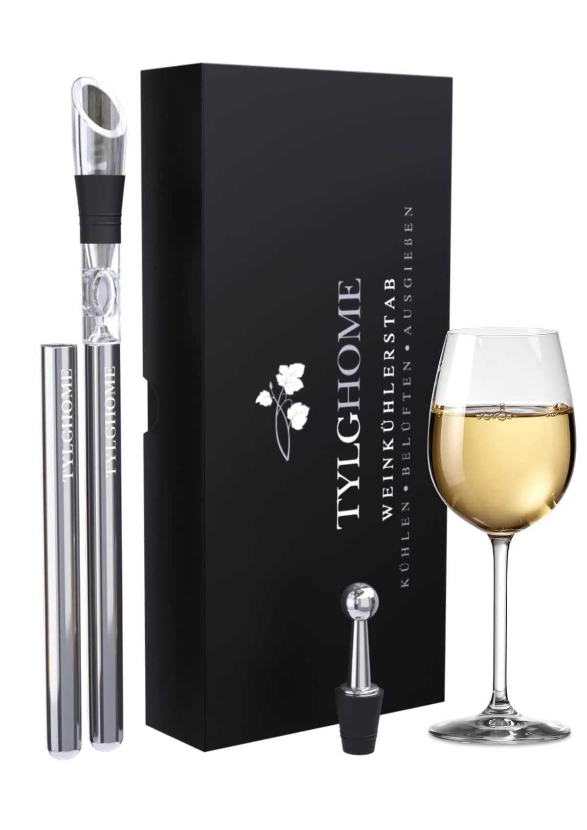 TYLGHOME Juego de enfriador de vino, barra enfriadora de vino de acero inoxidable + aireador de decantador + vertedor, set de regalo para mujeres y hombres + paquete de regalo de alta calidad (2