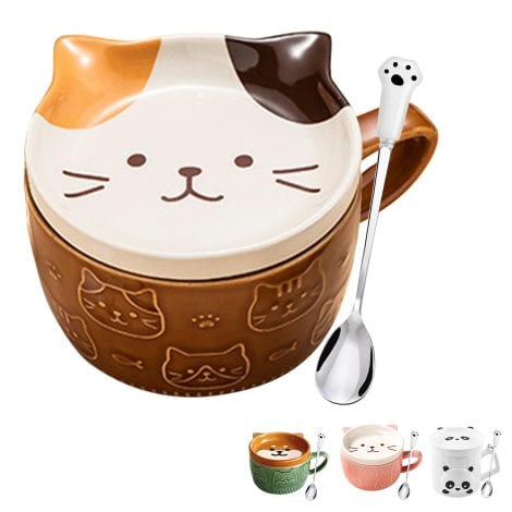 Tazas de café con tapas de adorable gatito Kawaii: Regalos ideales para mujeres y niñas en Navidad.