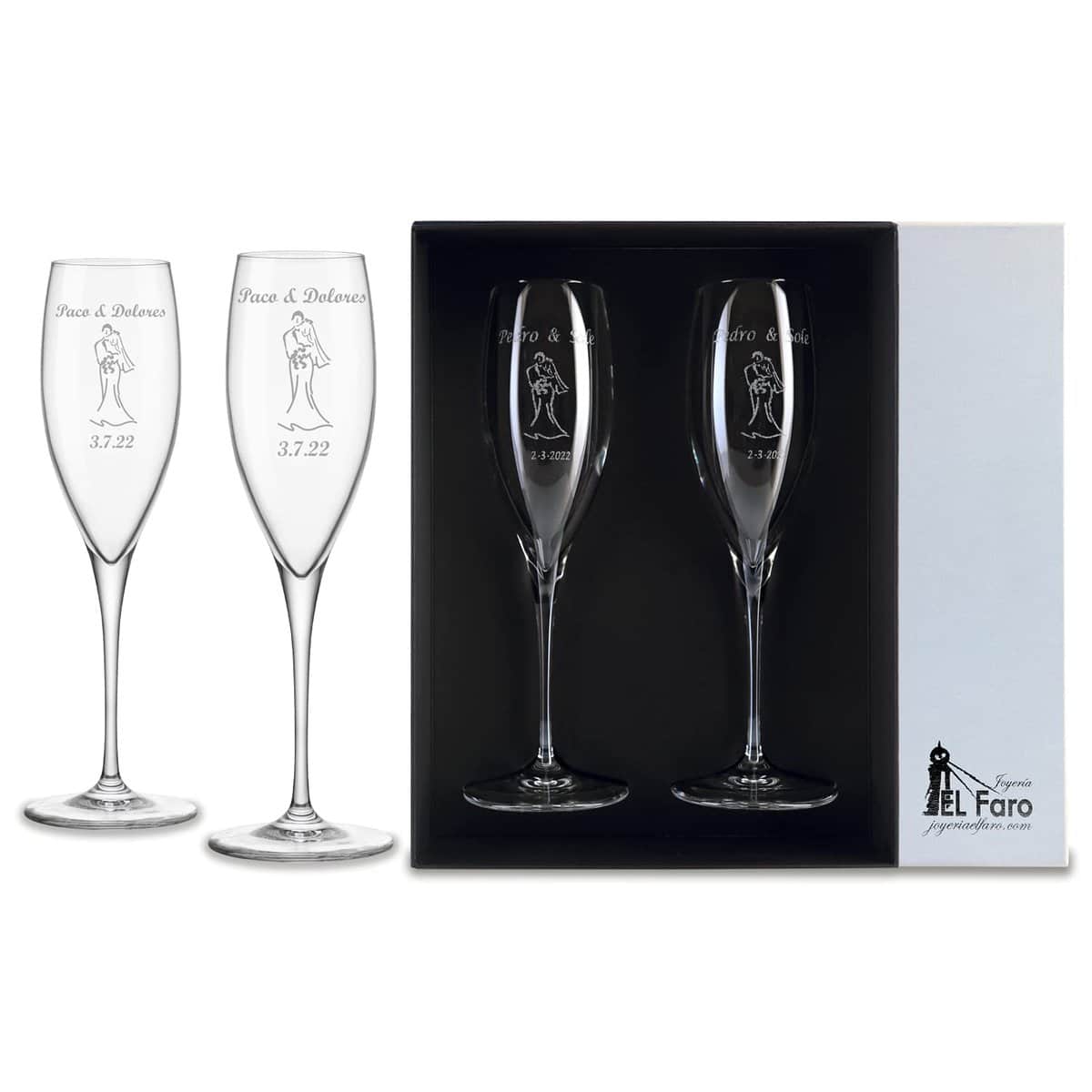 JOYERÍA EL FARO | Copas grabadas para novios | Copas personalizadas para bodas | Cristal de Bohemia de alta resistencia | Estuche premium incluido | Brinda y celebra el amor