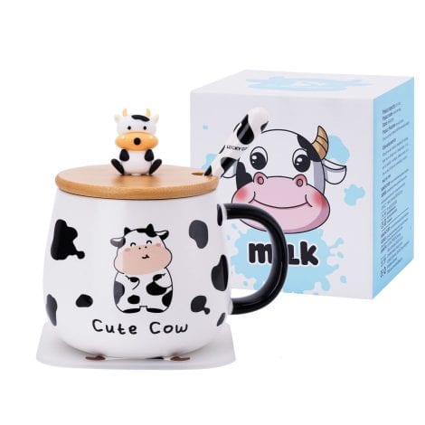 Divertida taza de café de cerámica con tapa, posavasos y cuchara bonitos de diseño kawaii, estampado de vaca.