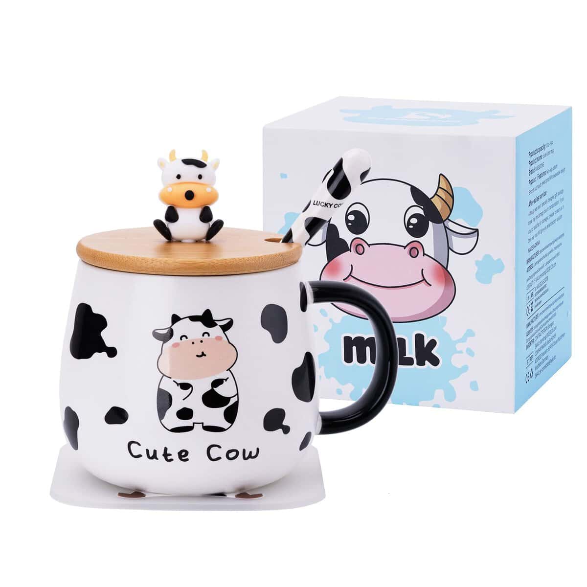 Bonita taza de café de vaca con bonita tapa, posavasos y cuchara kawaii,regalos de cosas con estampado de vaca,taza de café de té de cerámica,tazas de vaca kawaii,divertida taza de vaca de animales 3D