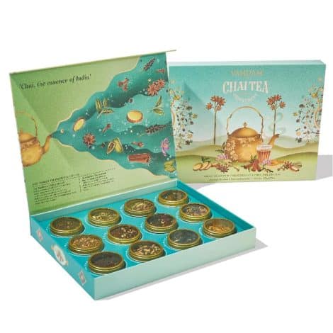 VAHDAM, Set de té Chai suelto navideño para regalo con 12 sabores y más de 60 tazas. Caja de infusiones de regalo.