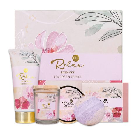 Accentra – Conjunto de regalo RELAJANTE para mujer de 5 piezas – Conjunto de baño con vela aromática, jabón, crema de manos, loción corporal y bomba de baño – Set de bienestar para mujeres y niñas.