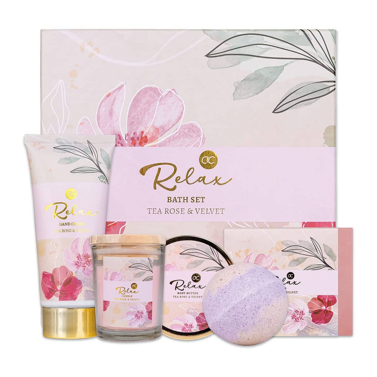 Accentra - Set de regalo RELAX para mujer de 5 piezas - Set de baño de regalo con vela perfumada, jabón, crema de manos, manteca corporal y bomba de baño - Set de bienestar para mujeres y niñas