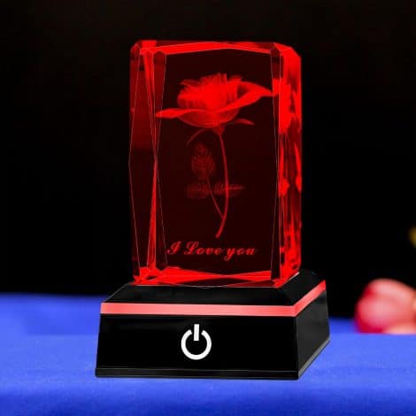 Cristal Rosa 3D con Base LED, Regalo I Love You para Mujeres, Flor Romántica para Ocasiones Especiales.