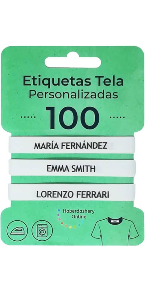 100 Etiquetas de tela personalizadas (PLANCHA). Certificado ecológico. Perfectas para niños, bebés y abuelos. Nombre personalizado.