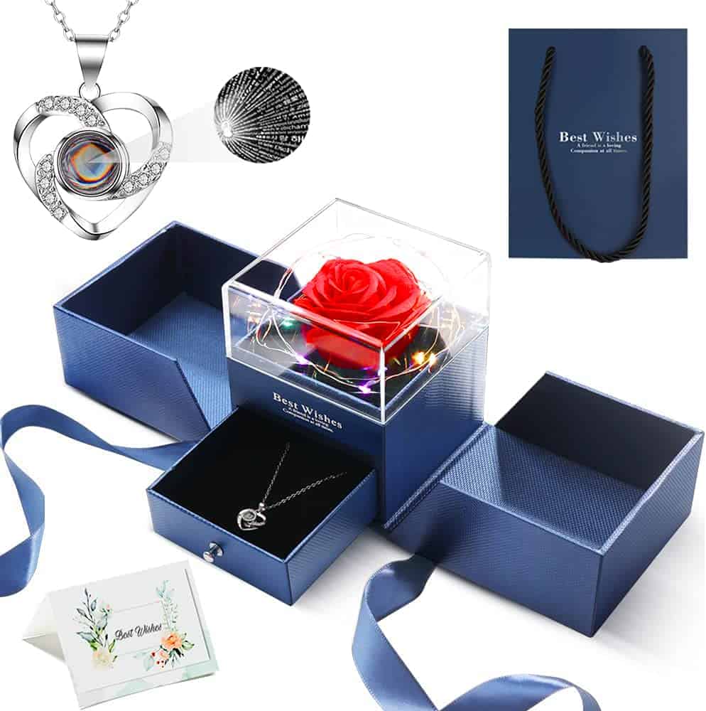 Rosa eterna real, hecha a mano, con cadena de amor, caja de regalo, regalo de cumpleaños para madre, regalo romántico para esposa, aniversario, día de San Valentín, cumpleaños (azul)